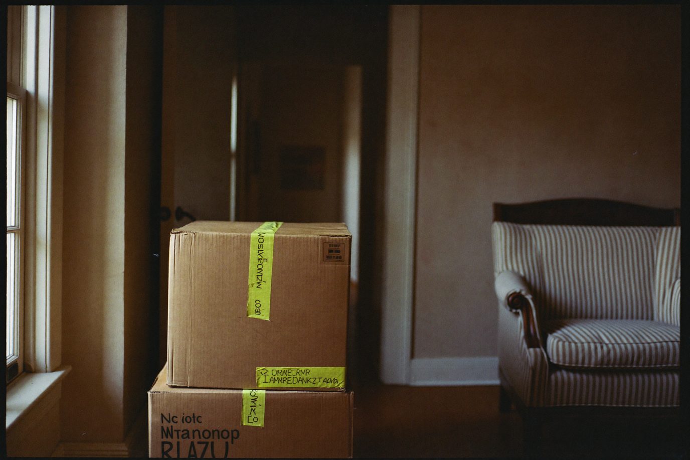 Living room of an older house during a cleanout, moving boxes with handwritten labels beside a worn armchair in soft window light