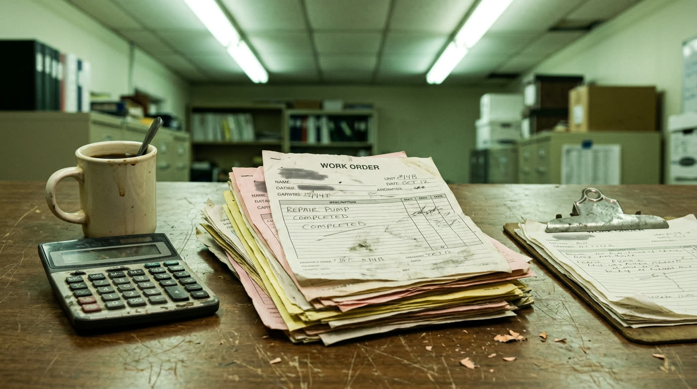 Stack of worn paper work orders beside a calculator and clipboard