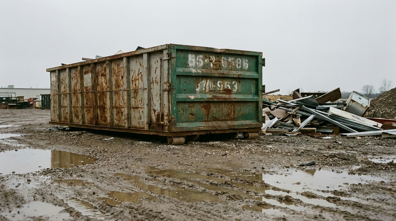 Weathered roll-off dumpster in a muddy contractor yard