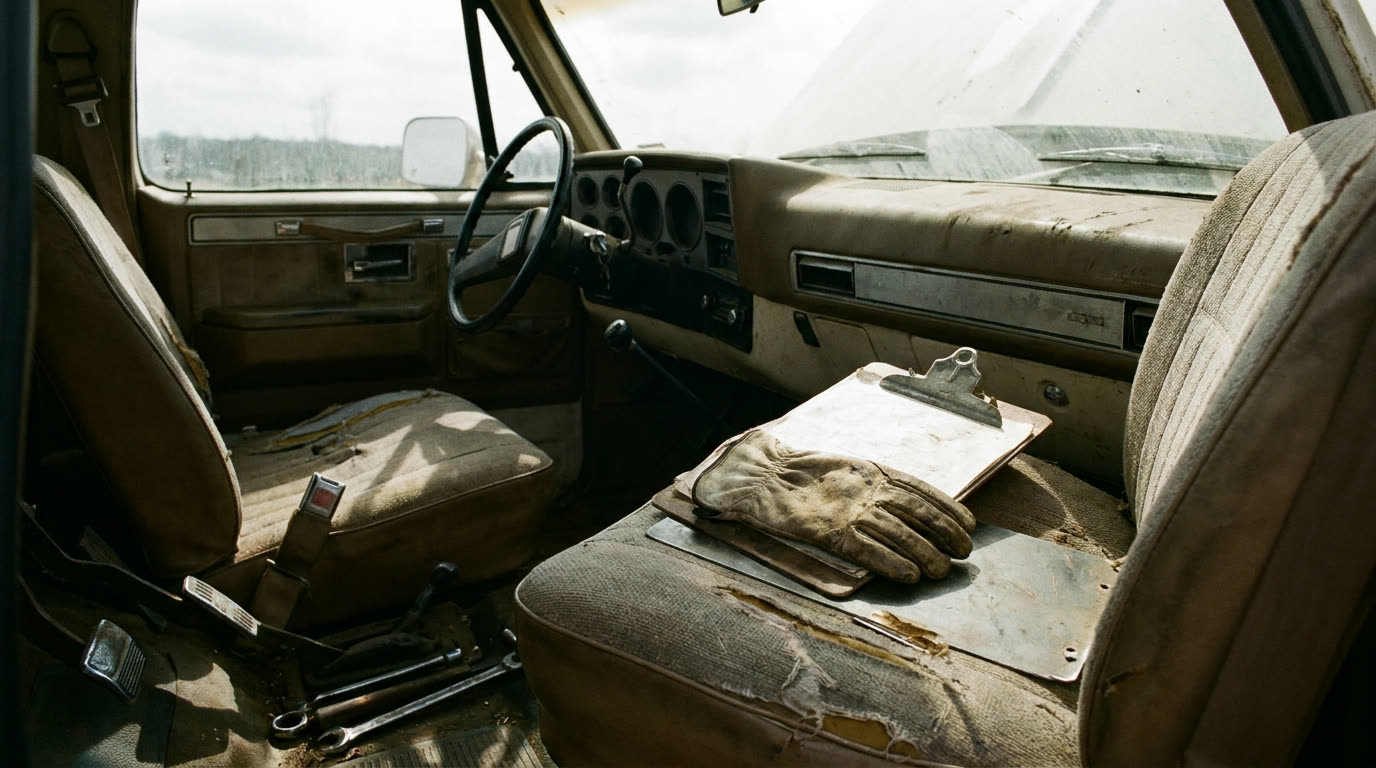 Gloved hand lifting a clipboard from a truck seat, dusty cab interior in daylight