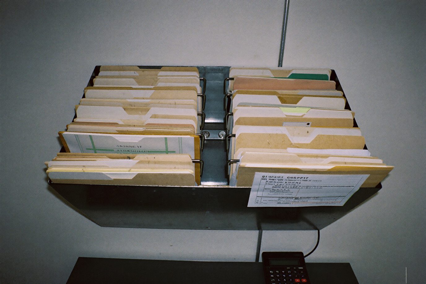 Wall mounted file sorter stuffed with manila folders beside a pinned permit notice in a fluorescent lit office
